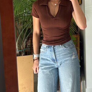 Women's Brown and Burgundy T-shirt